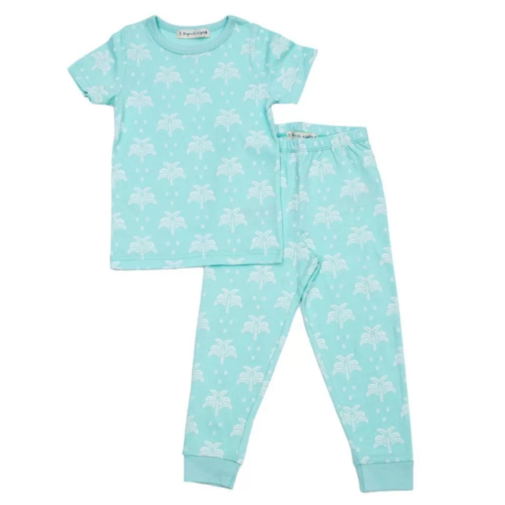 100% Organic Cotton T-Shirt and Long Leg Pyjama Set - Palms & Pineapples in Island Water Green