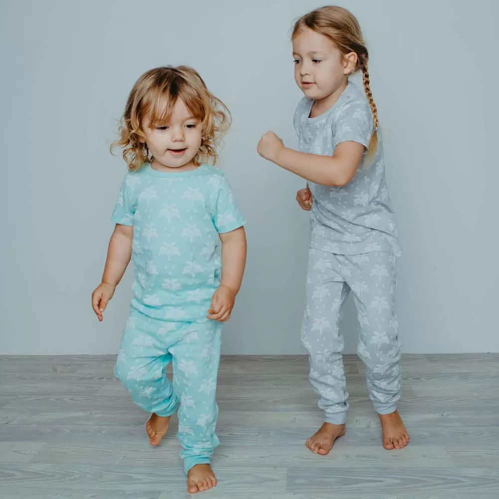 100% Organic Cotton T-Shirt and Long Leg Pyjama Set - Palms & Pineapples in Island Water Green