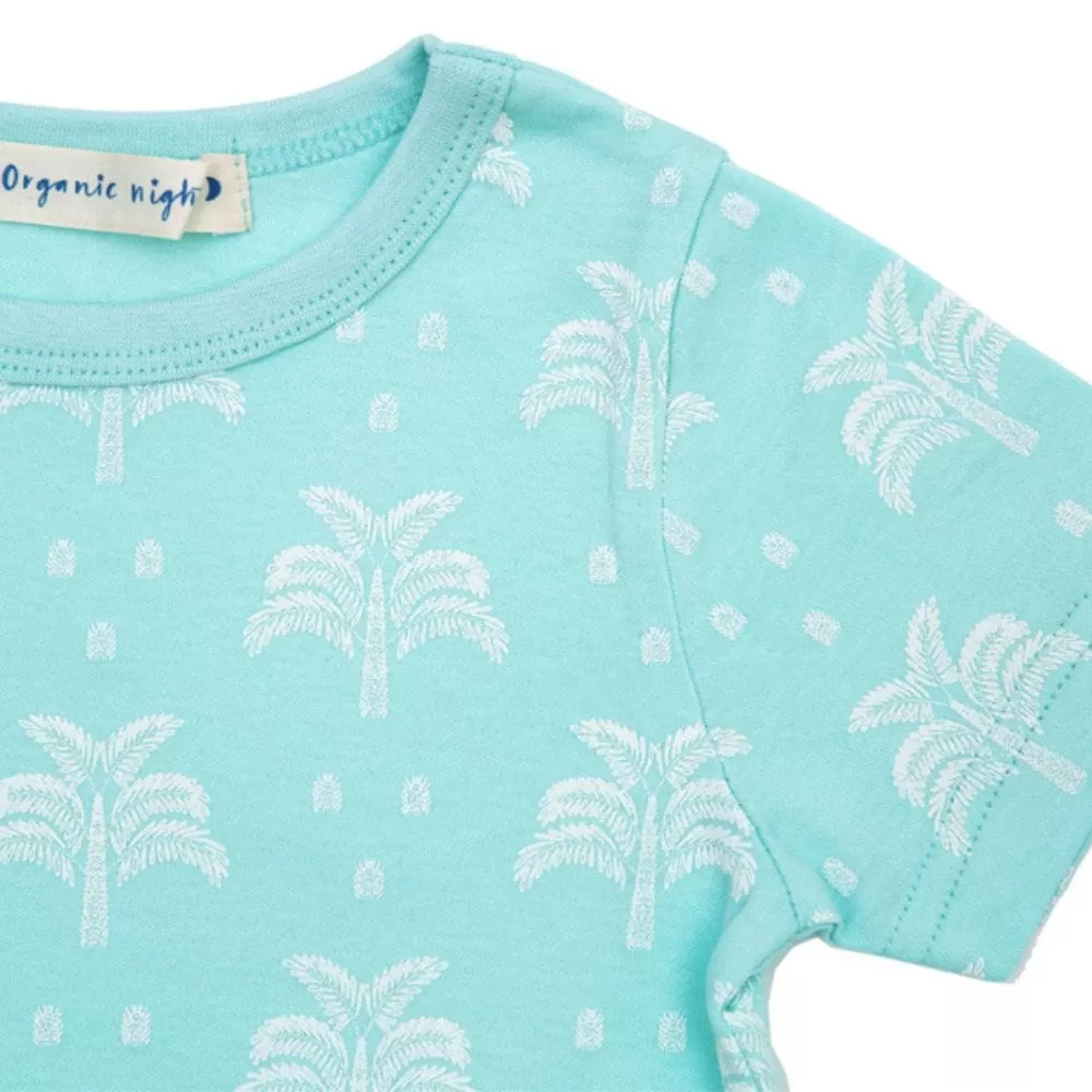 100% Organic Cotton T-Shirt and Long Leg Pyjama Set - Palms & Pineapples in Island Water Green