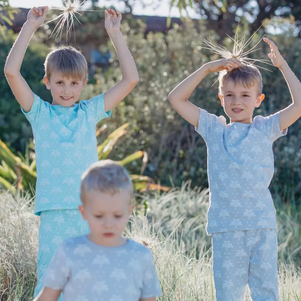 100% Organic Cotton T-Shirt and Long Leg Pyjama Set - Palms & Pineapples in Island Water Green