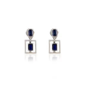 18K Gold Baguette Cut Blue Sapphire Dangle Earrings