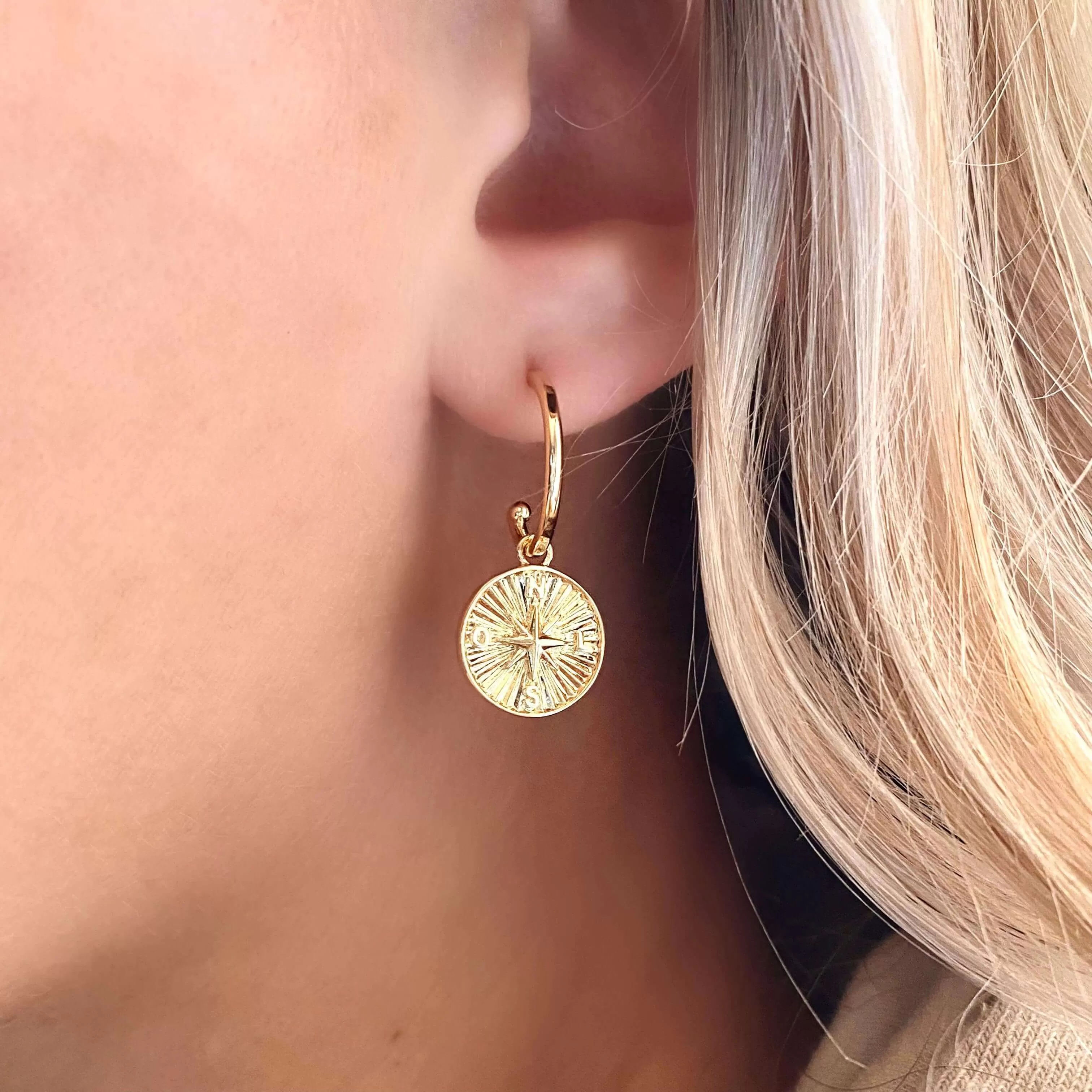 18k Gold Filled C Hoops With Dainty Compass Charm