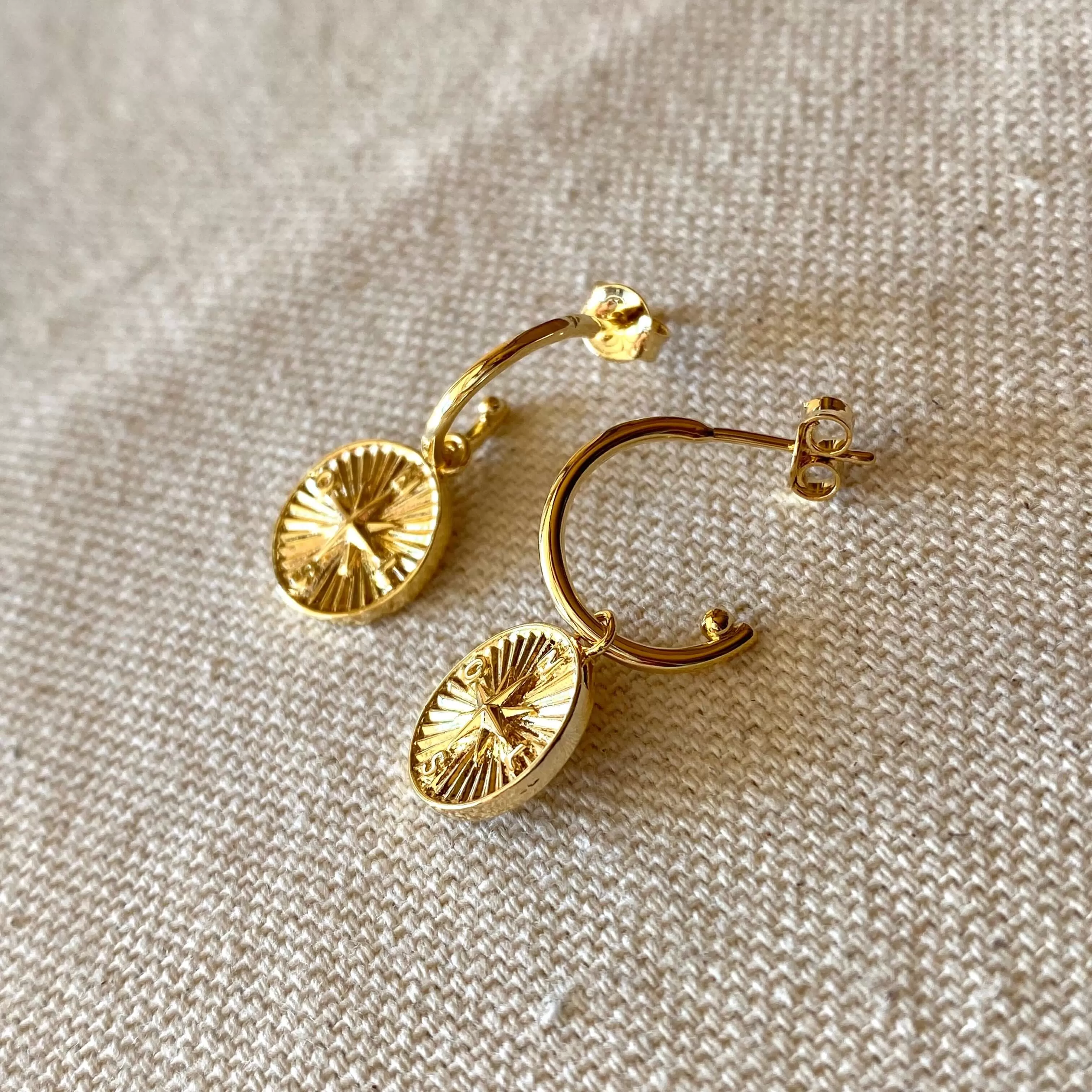 18k Gold Filled C Hoops With Dainty Compass Charm