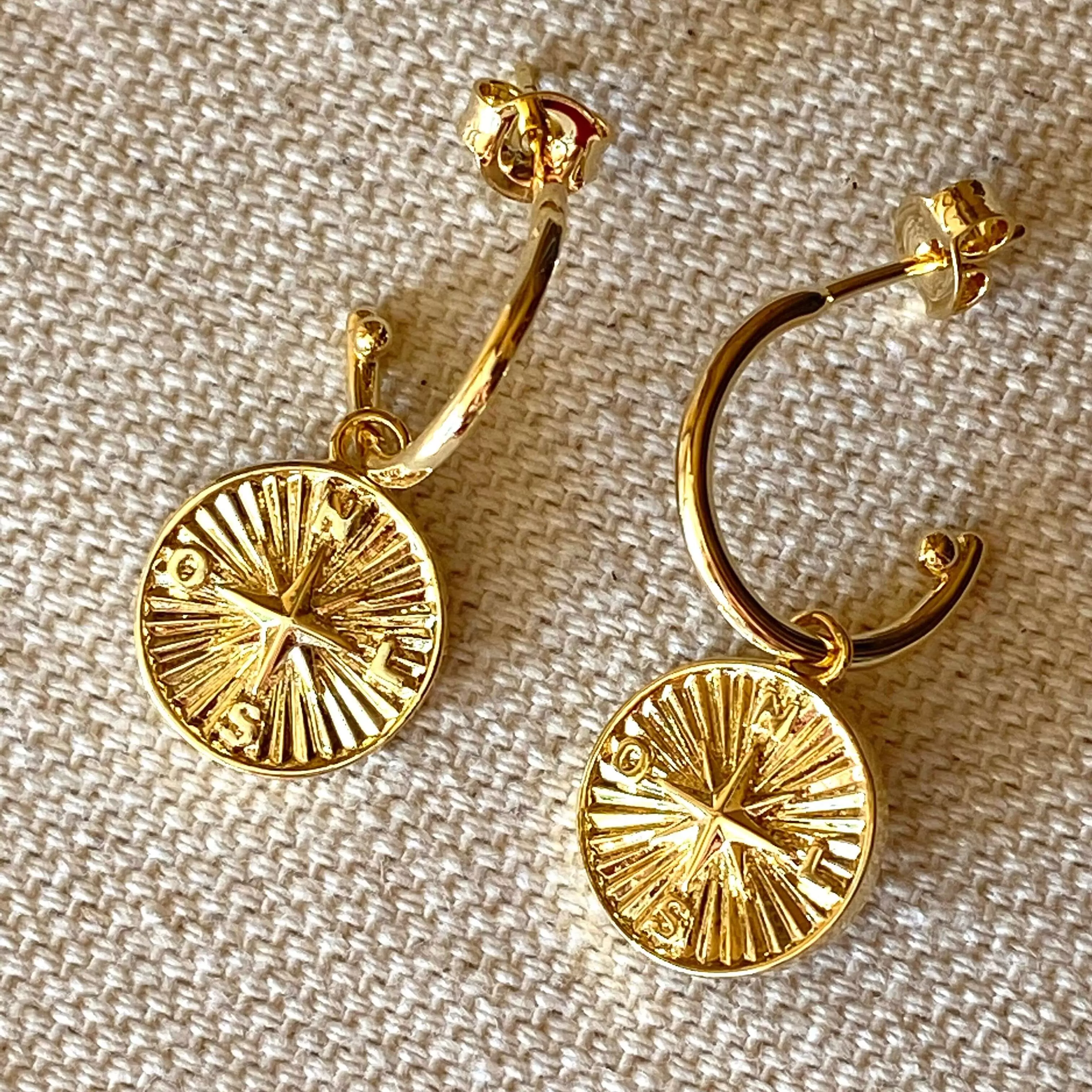 18k Gold Filled C Hoops With Dainty Compass Charm