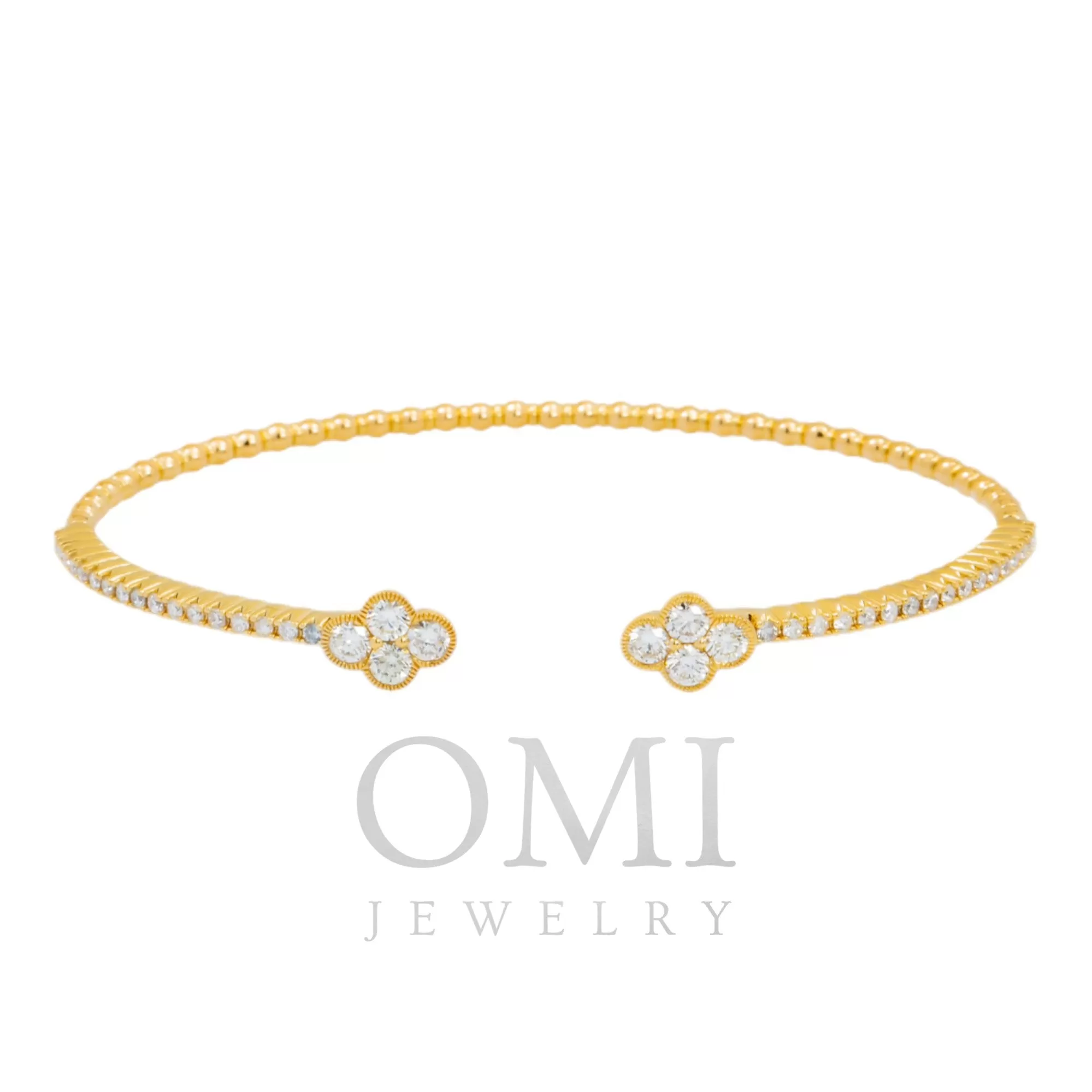 18K GOLD ROUND DIAMONDS CLOVER SHAPE THIN BANGLE BRACELET 1.05 CT