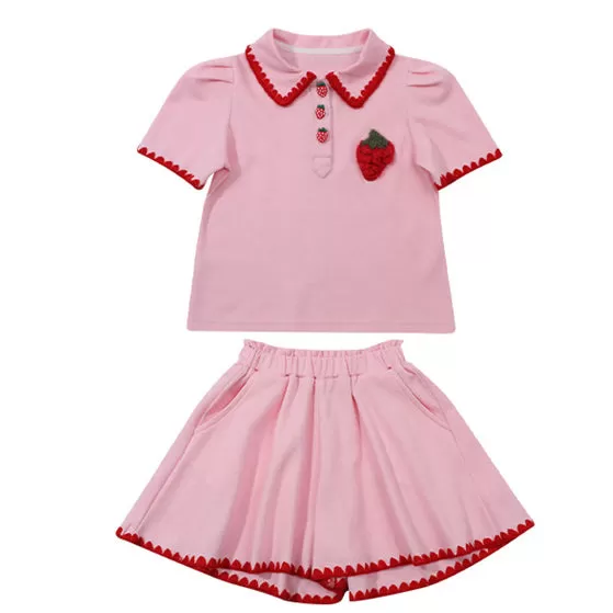 2 Pieces Set Baby Kid Girls Fruit Embroidered Polo Shirts And Solid Color Shorts