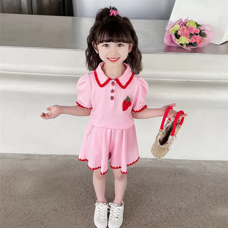 2 Pieces Set Baby Kid Girls Fruit Embroidered Polo Shirts And Solid Color Shorts