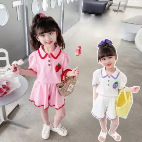 2 Pieces Set Baby Kid Girls Fruit Embroidered Polo Shirts And Solid Color Shorts