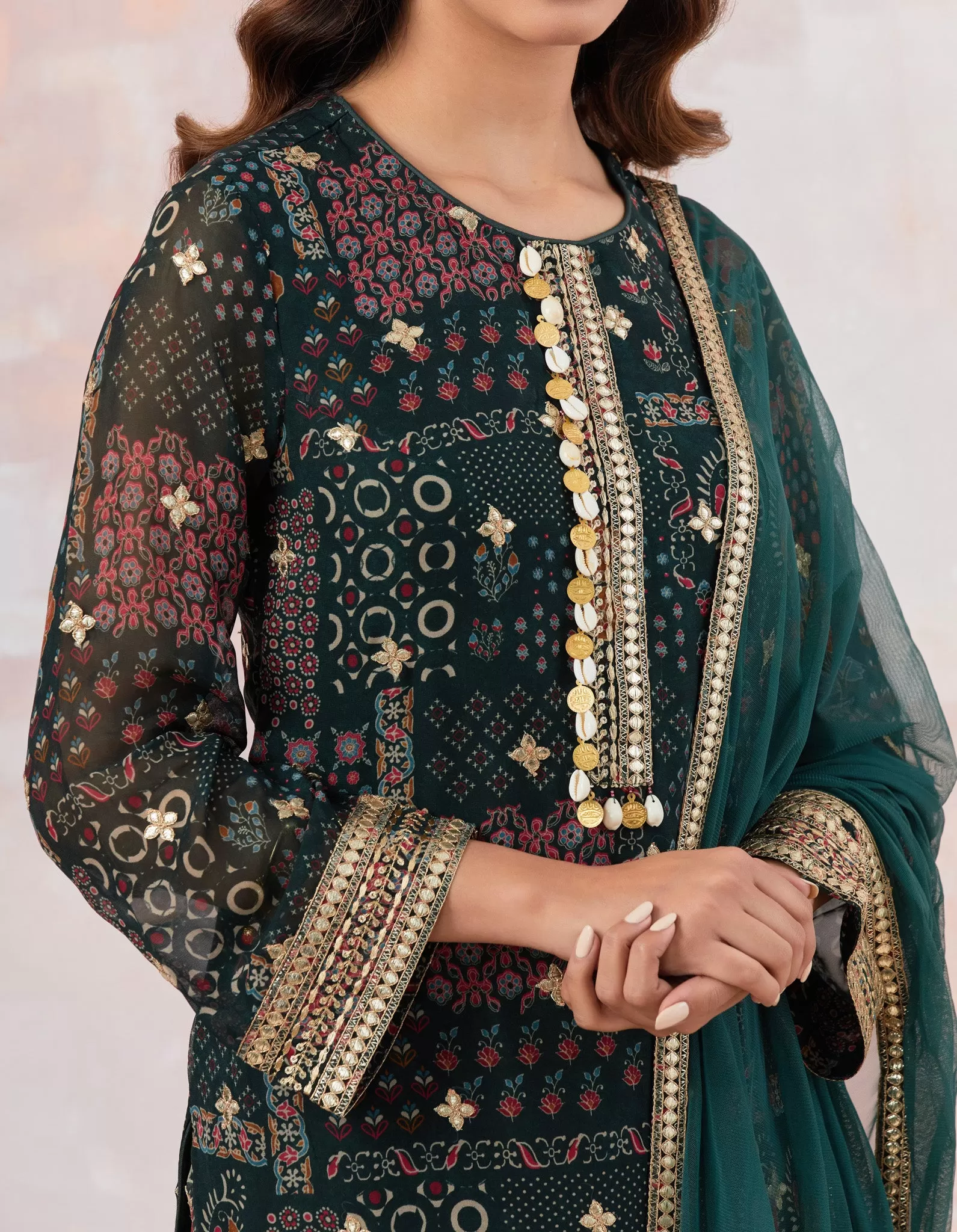 50Z865-RO Bottle Green Stylish Embroidered Sharara Suit Set