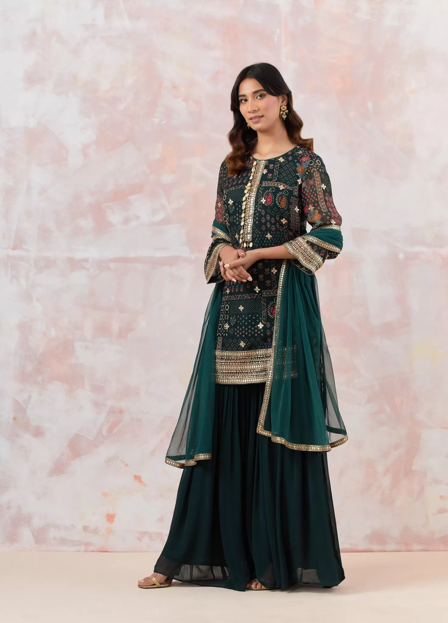 50Z865-RO Bottle Green Stylish Embroidered Sharara Suit Set