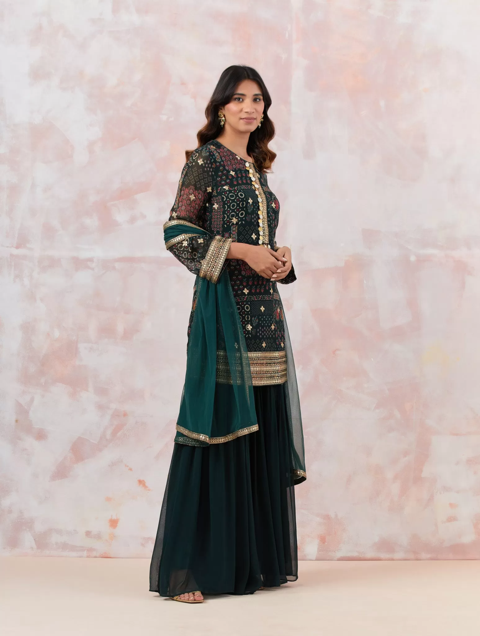 50Z865-RO Bottle Green Stylish Embroidered Sharara Suit Set