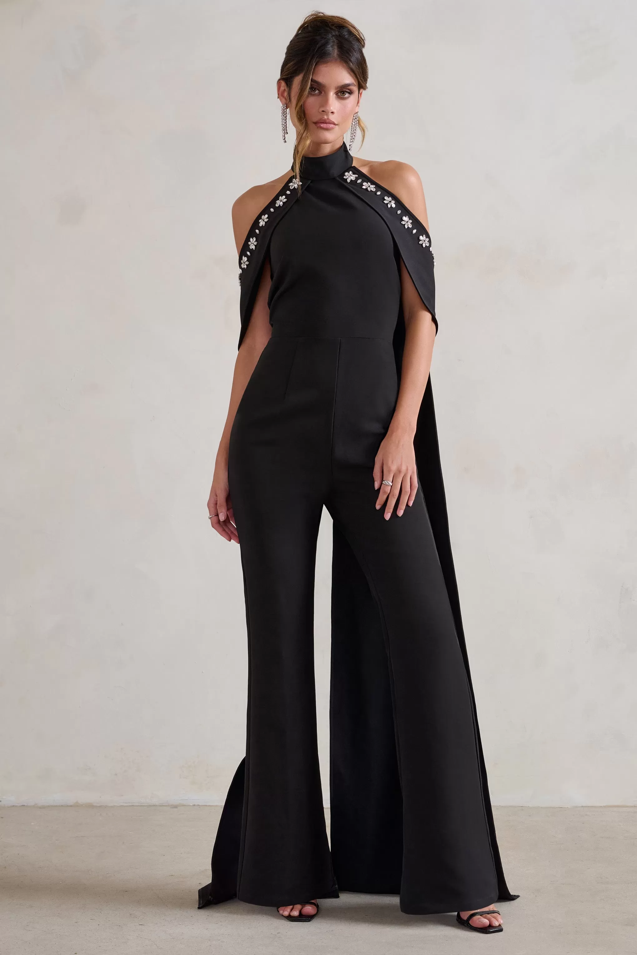 Angel | Black High Neck Jumpsuit with Cold Shoulder Cape Sleeves