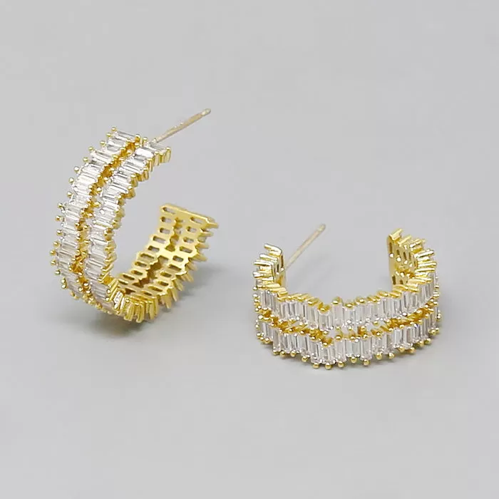 Baguette CZ Stone Pave Hoop Earrings