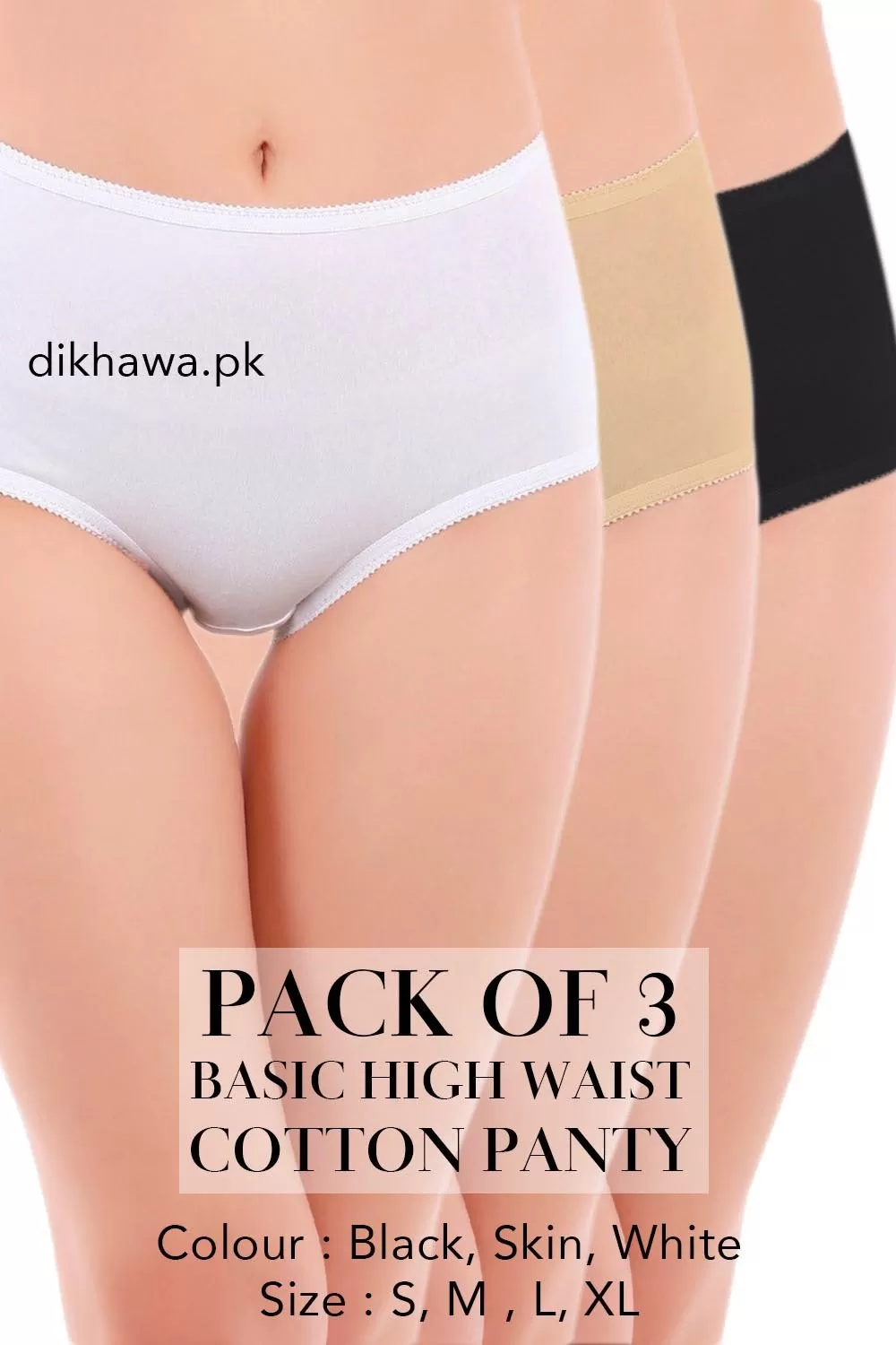 Basic High Waist Cotton Panty Pack of 3 - FL-512 - Black Skin & White