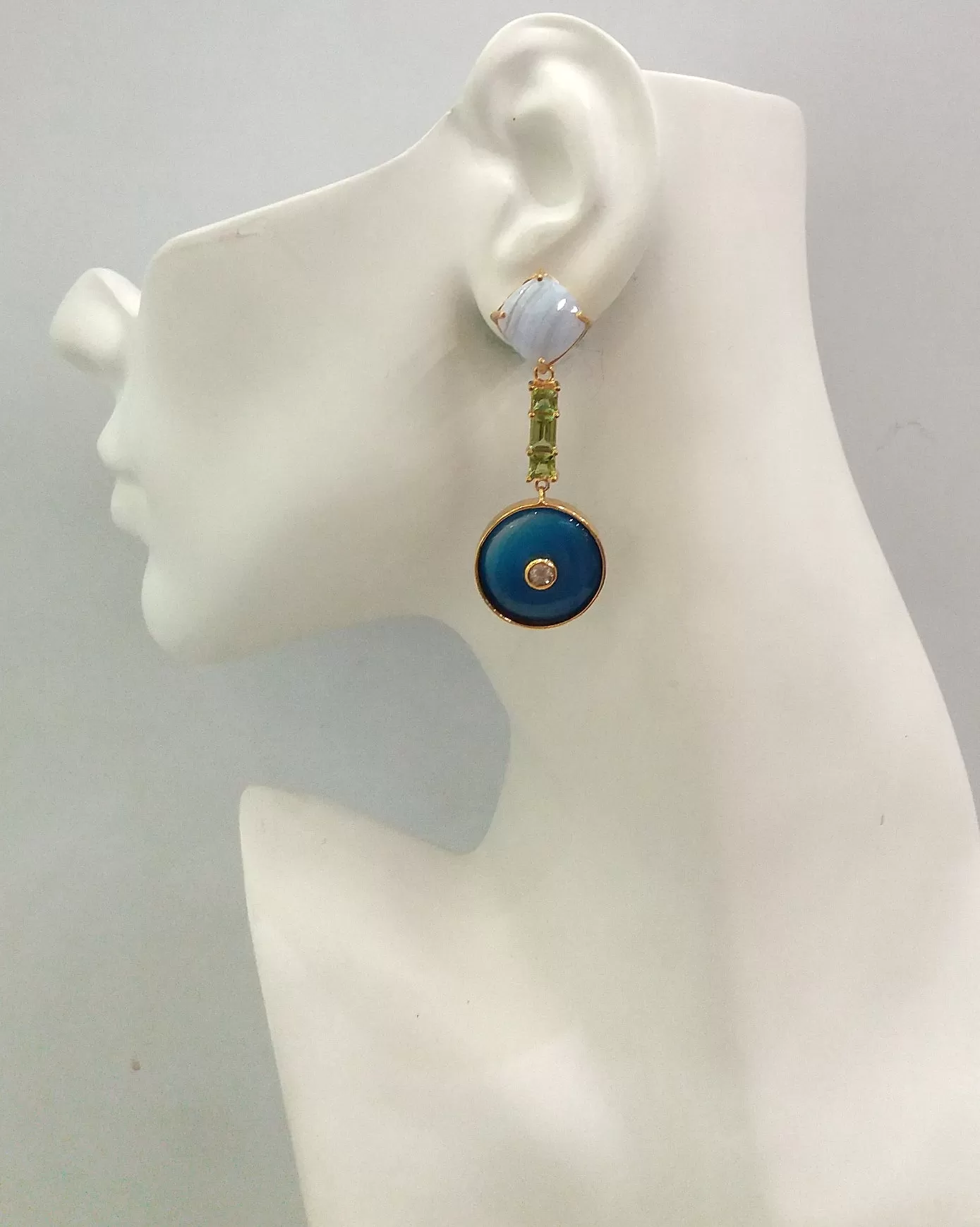 Blue Lace Agate Studs with Peridot, White Topaz & Blue Agate Coin detachable dangle Twinset Earrings