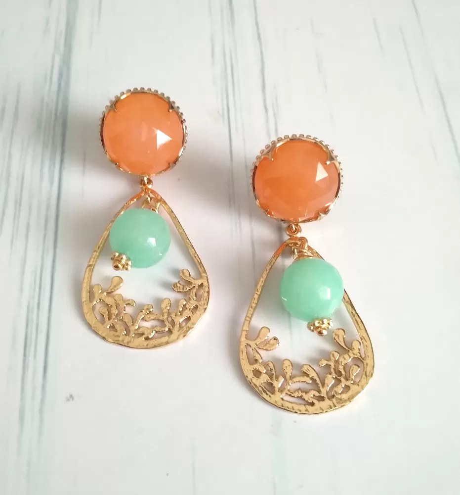 Carnelian and Mint Green Jade Filigree Frame Brass Stud Earrings