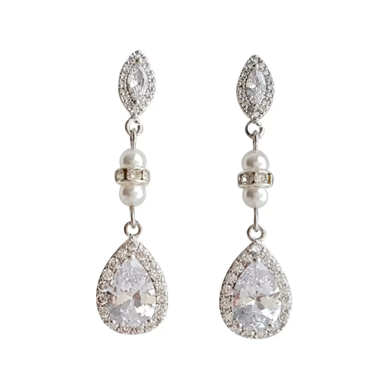 CZ & Pearl Wedding Drop Earrings for Brides-Ella