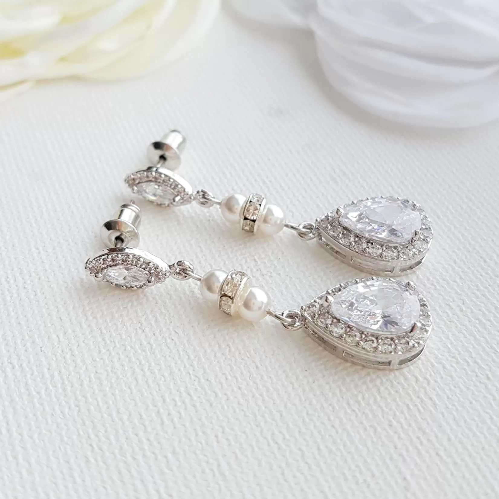 CZ & Pearl Wedding Drop Earrings for Brides-Ella