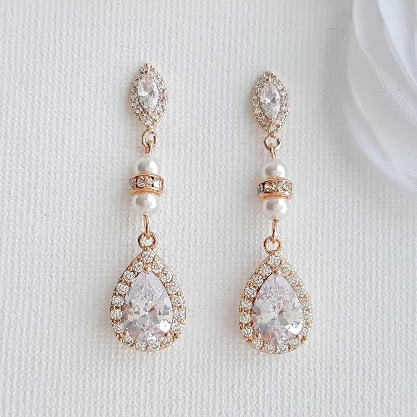 CZ & Pearl Wedding Drop Earrings for Brides-Ella