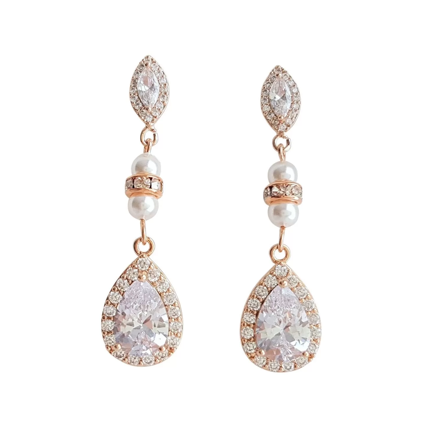 CZ & Pearl Wedding Drop Earrings for Brides-Ella