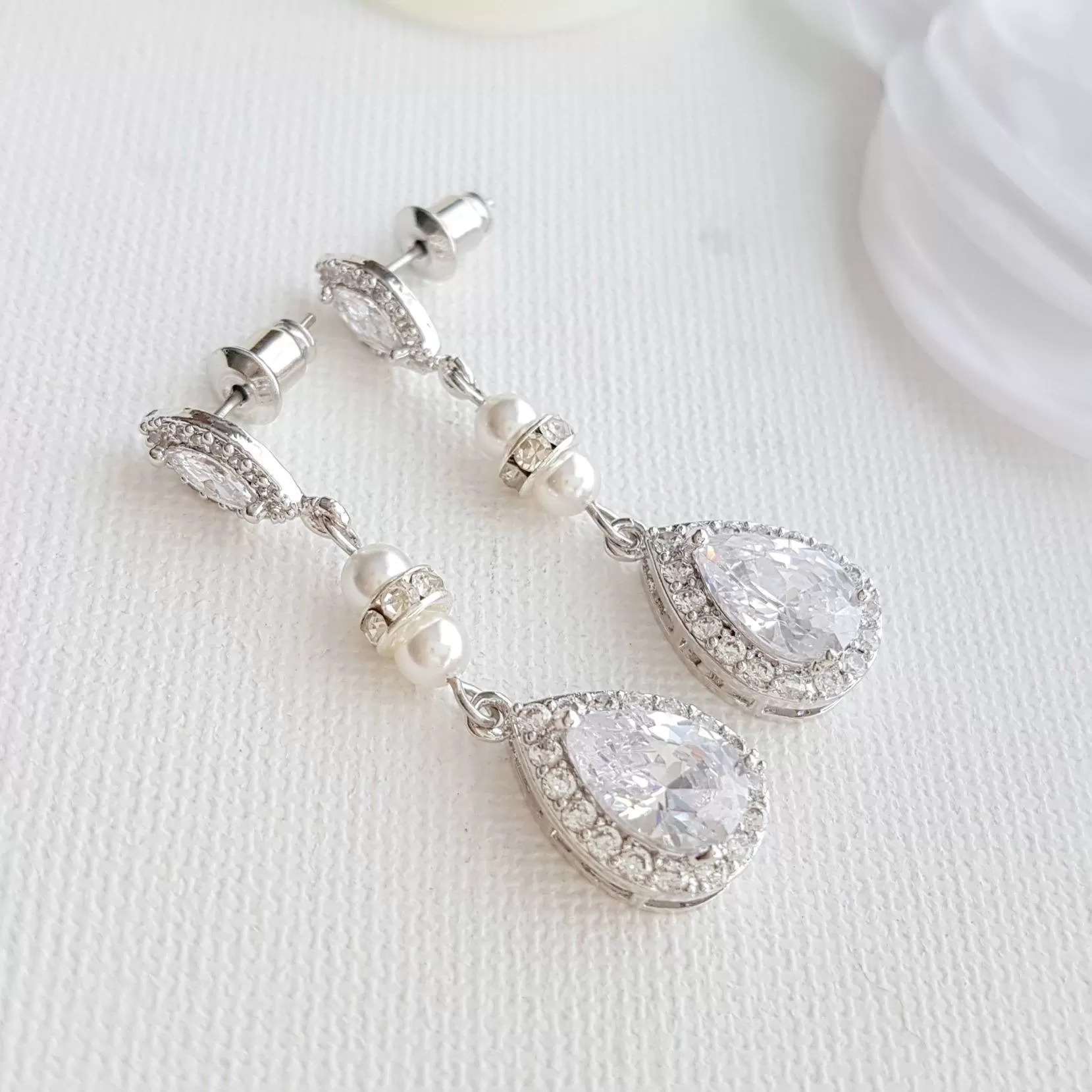 CZ & Pearl Wedding Drop Earrings for Brides-Ella