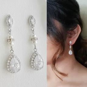 CZ & Pearl Wedding Drop Earrings for Brides-Ella