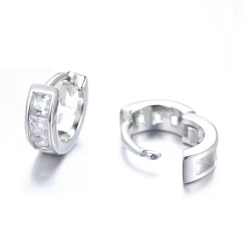 CZ Princess Channel Hoop Earrings Sterling Silver