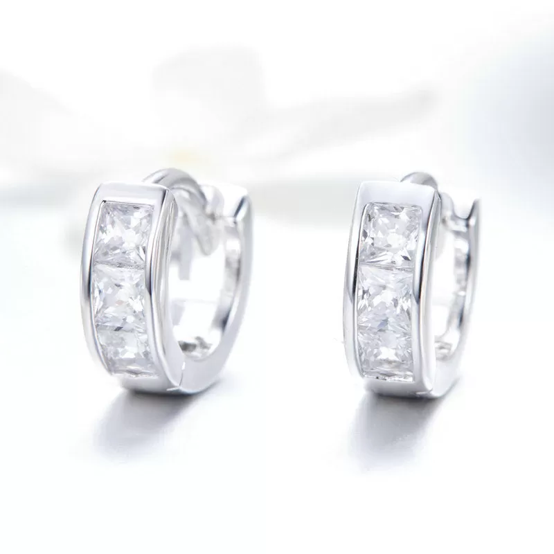 CZ Princess Channel Hoop Earrings Sterling Silver