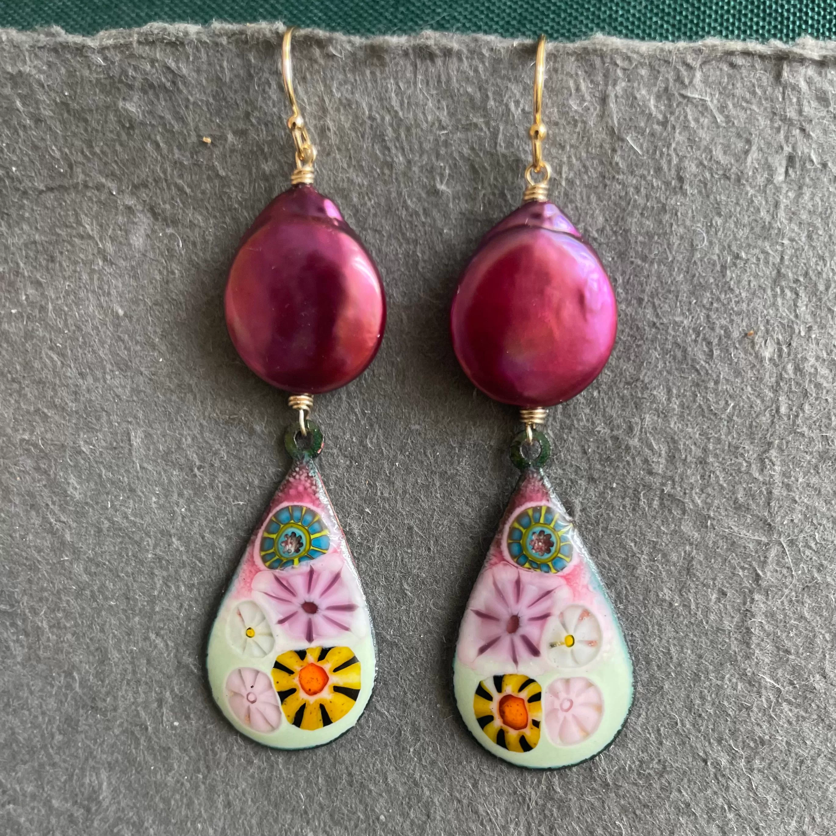 Enamel Millefiori Dangles with Plum Pearls, OOAK