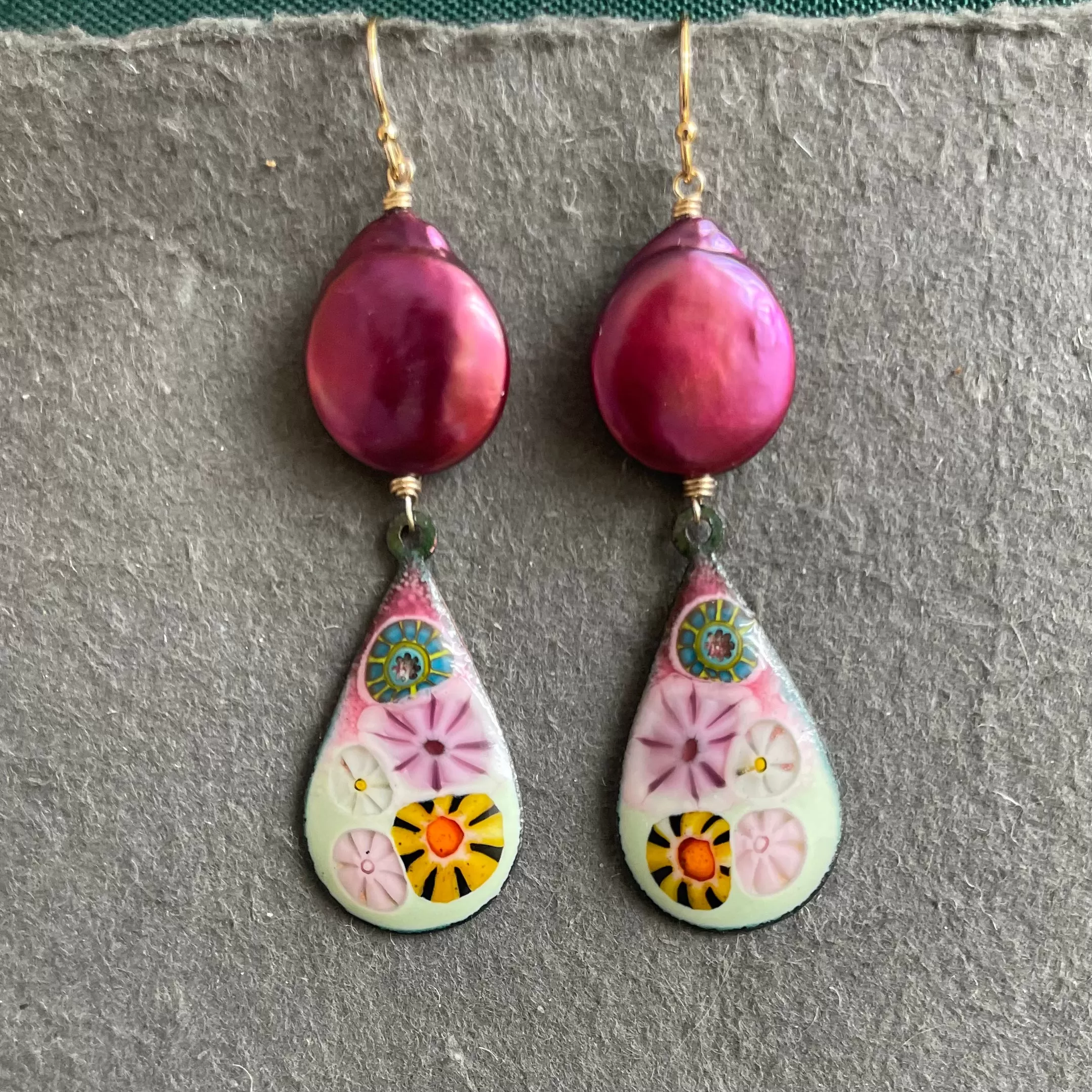 Enamel Millefiori Dangles with Plum Pearls, OOAK