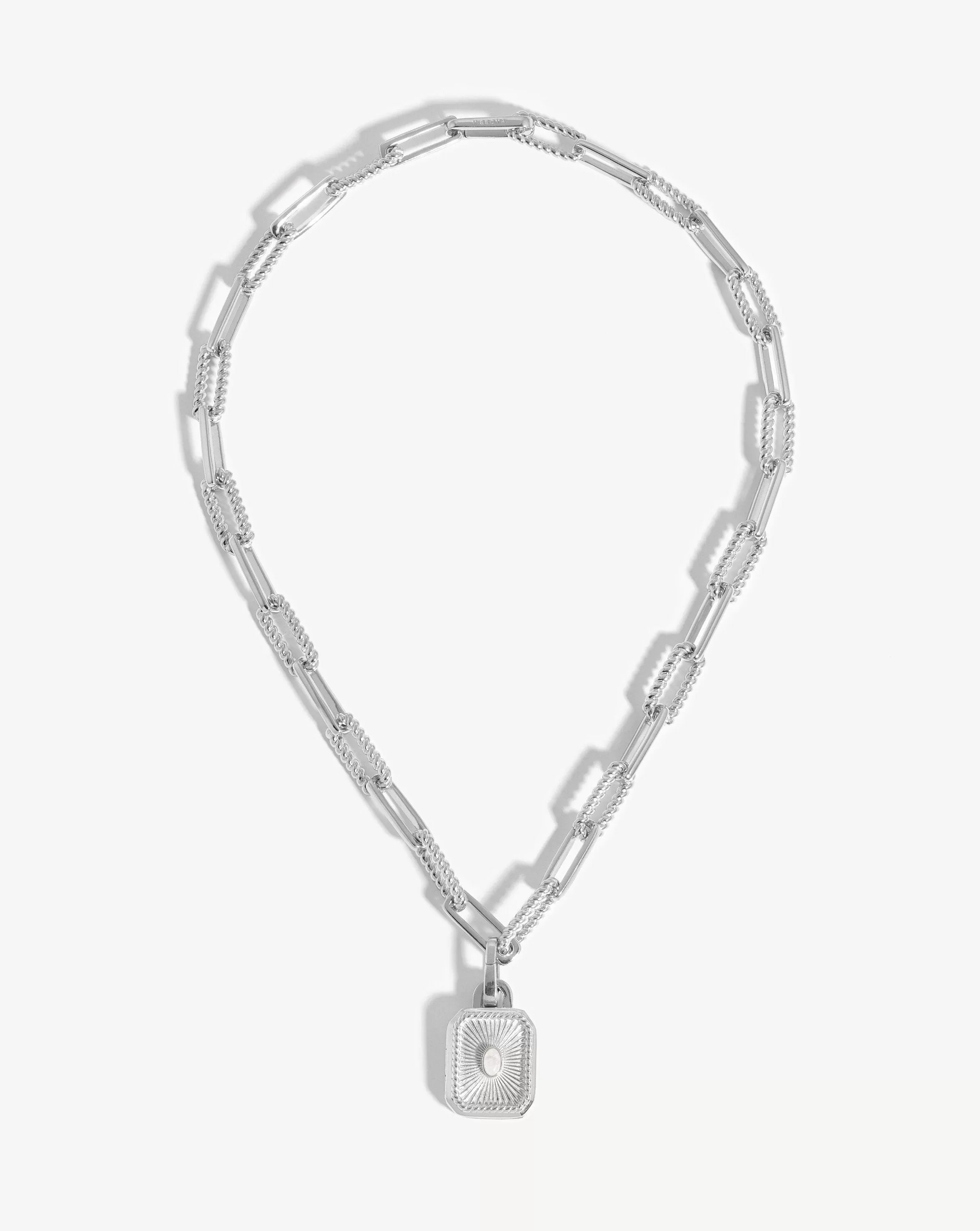 Engravable Square Locket Chain Necklace | Silver Plated/Rainbow Moonstone