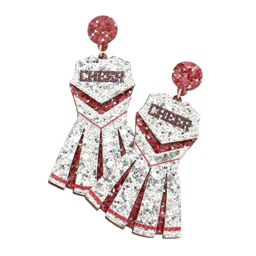 Game Day Cheer Message Glittered Cheerleading Uniform Dangle Earrings