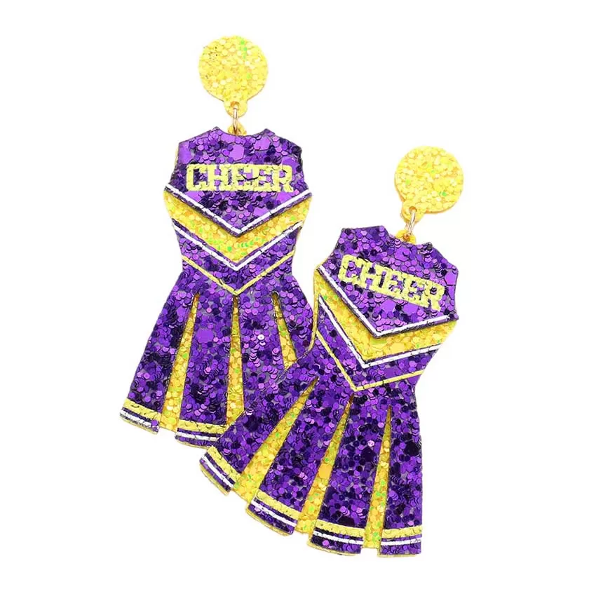 Game Day Cheer Message Glittered Cheerleading Uniform Dangle Earrings