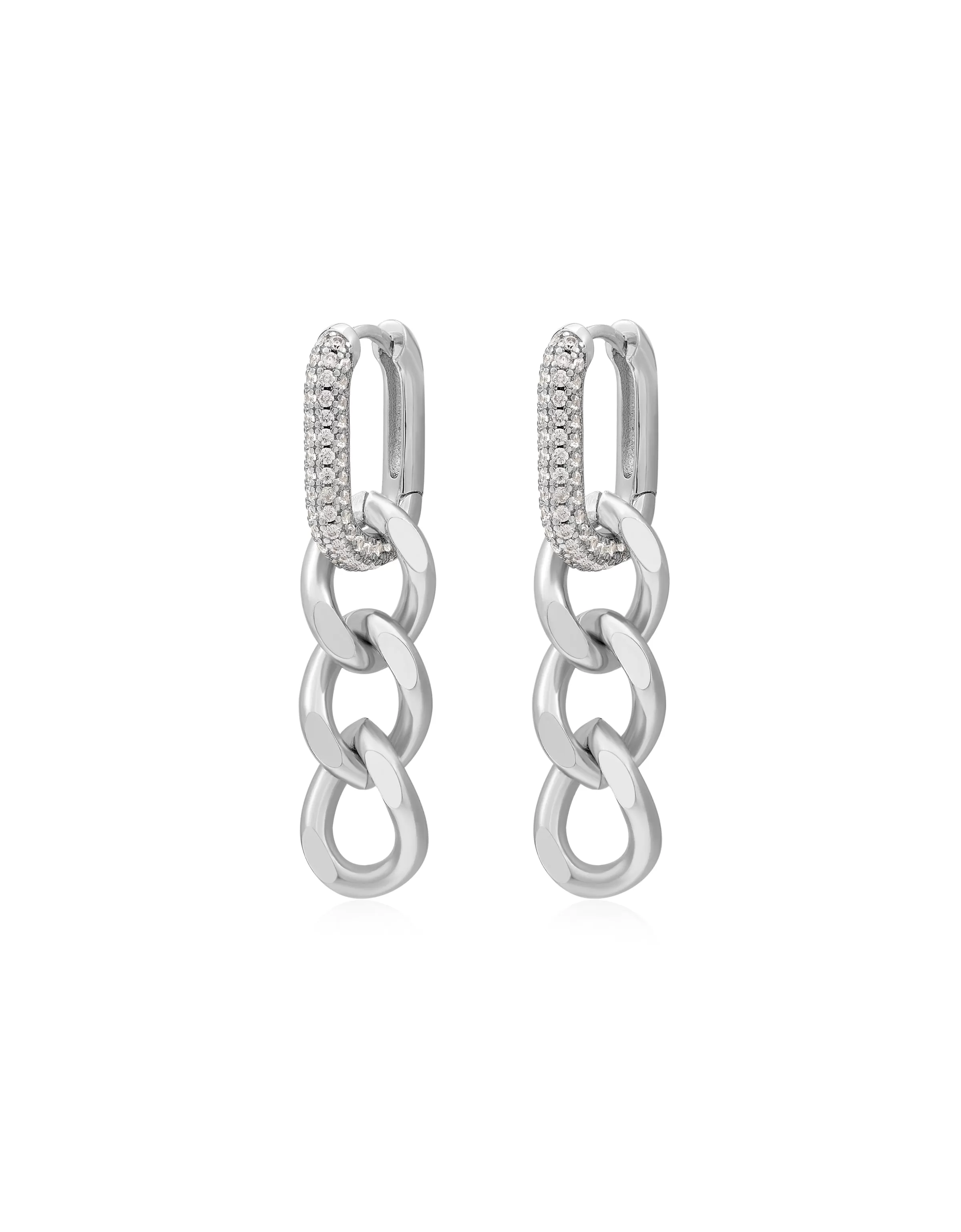 Hanging Pave Chain Link Huggies- Silver