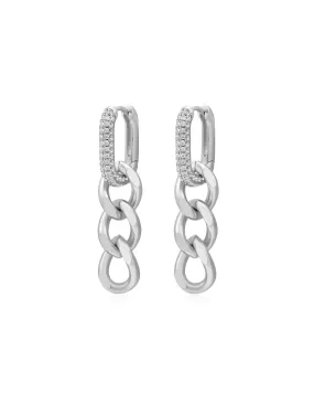 Hanging Pave Chain Link Huggies- Silver