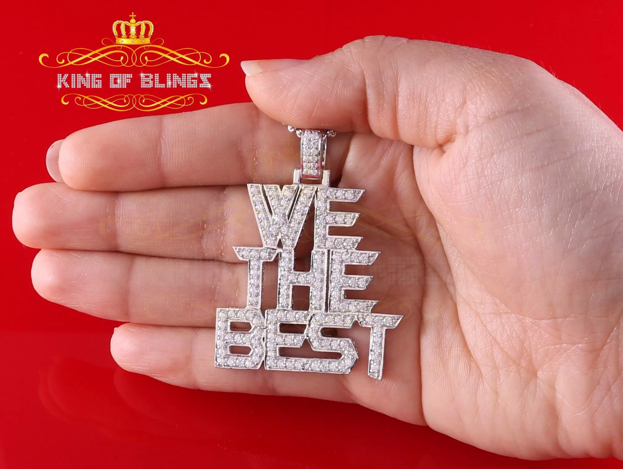 King Of Bling's 925 Sterling Silver White We The Best Letter Pendant with 6.61ct Cubic Zirconia