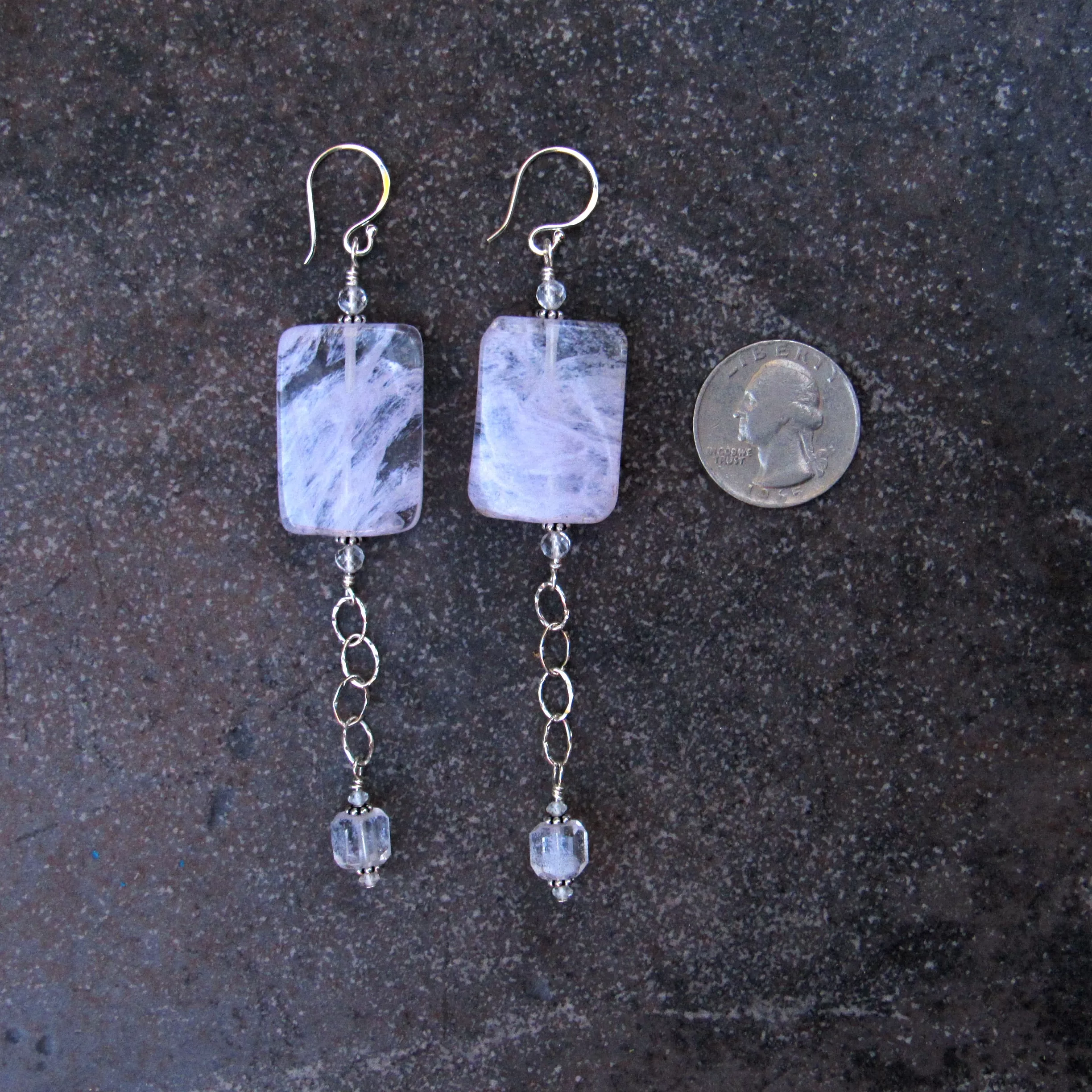 Lavender Quartz, White Topaz, and Sterling Silver Drop Earrings