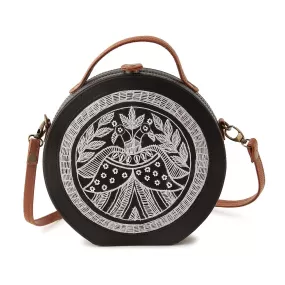 Madhubani Peacock Hand embroidered crossbody Sling Bag ( Black)