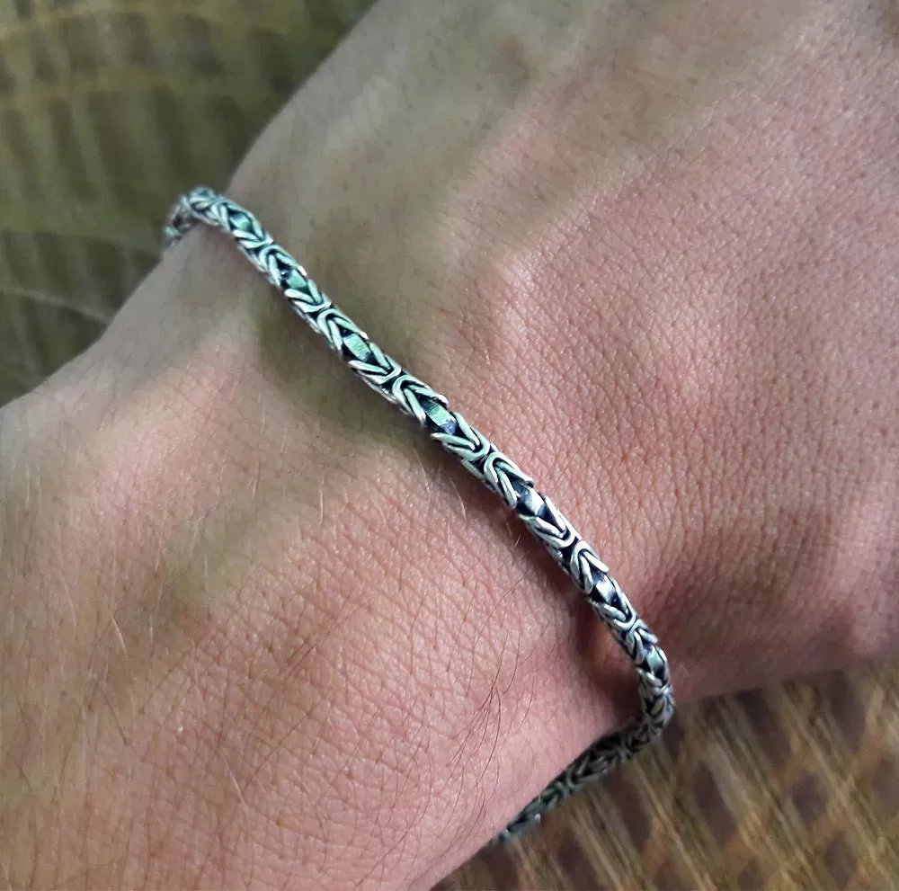 Men's Solid Sterling Silver Bracelet 4 mm Square Byzantine Chain