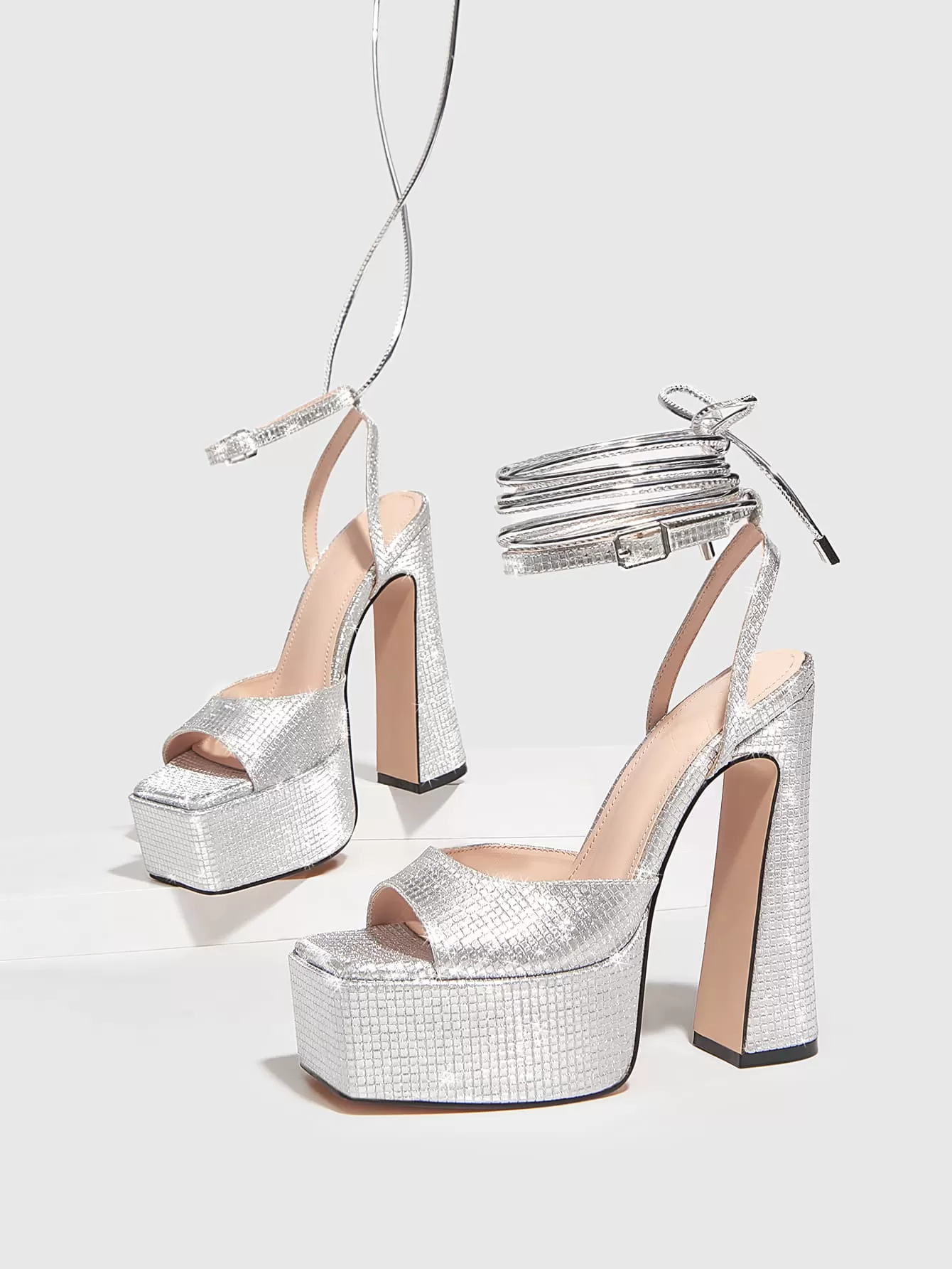 Metallic Platform Tie Leg Design Chunky Heeled Glitter Strappy Sandals