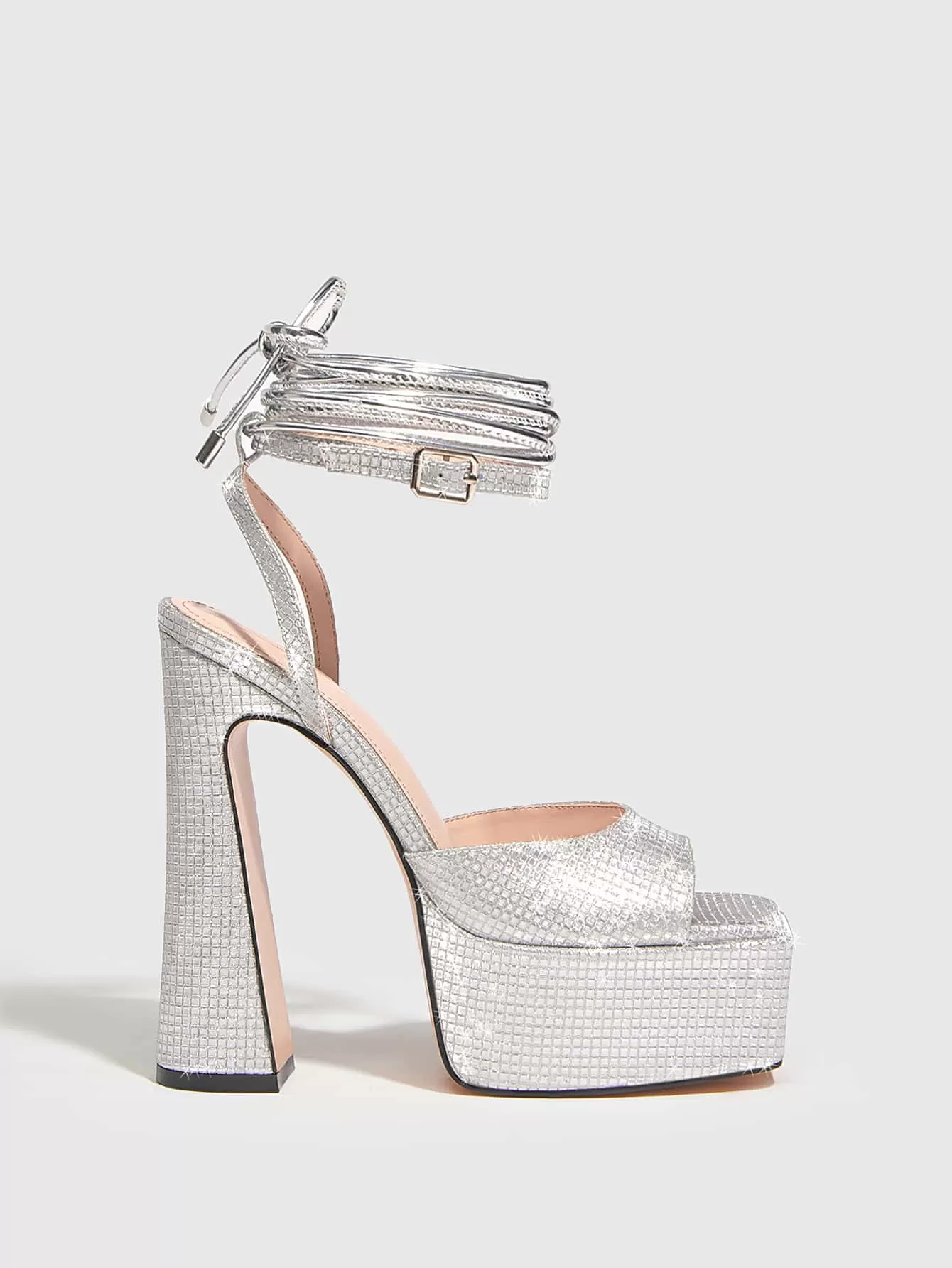 Metallic Platform Tie Leg Design Chunky Heeled Glitter Strappy Sandals