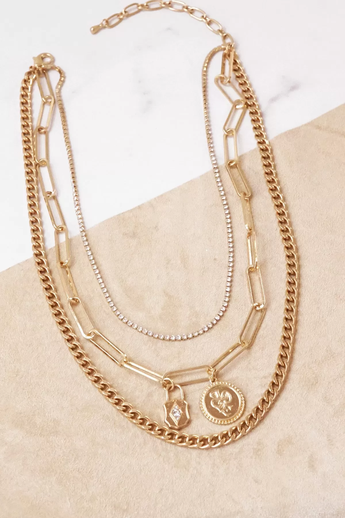 Multi Layer Chain Necklace Gold tone with small pendants