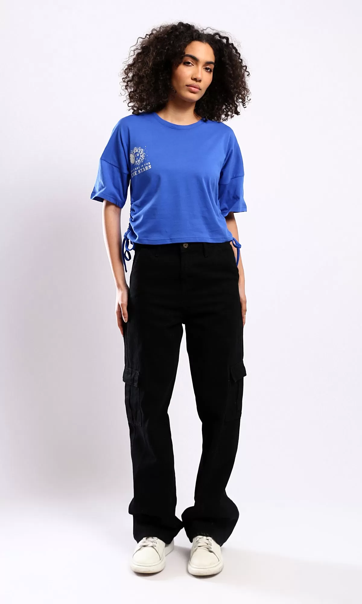 O179120 Blue Relaxed Fit Short Tee With Side Drawstring