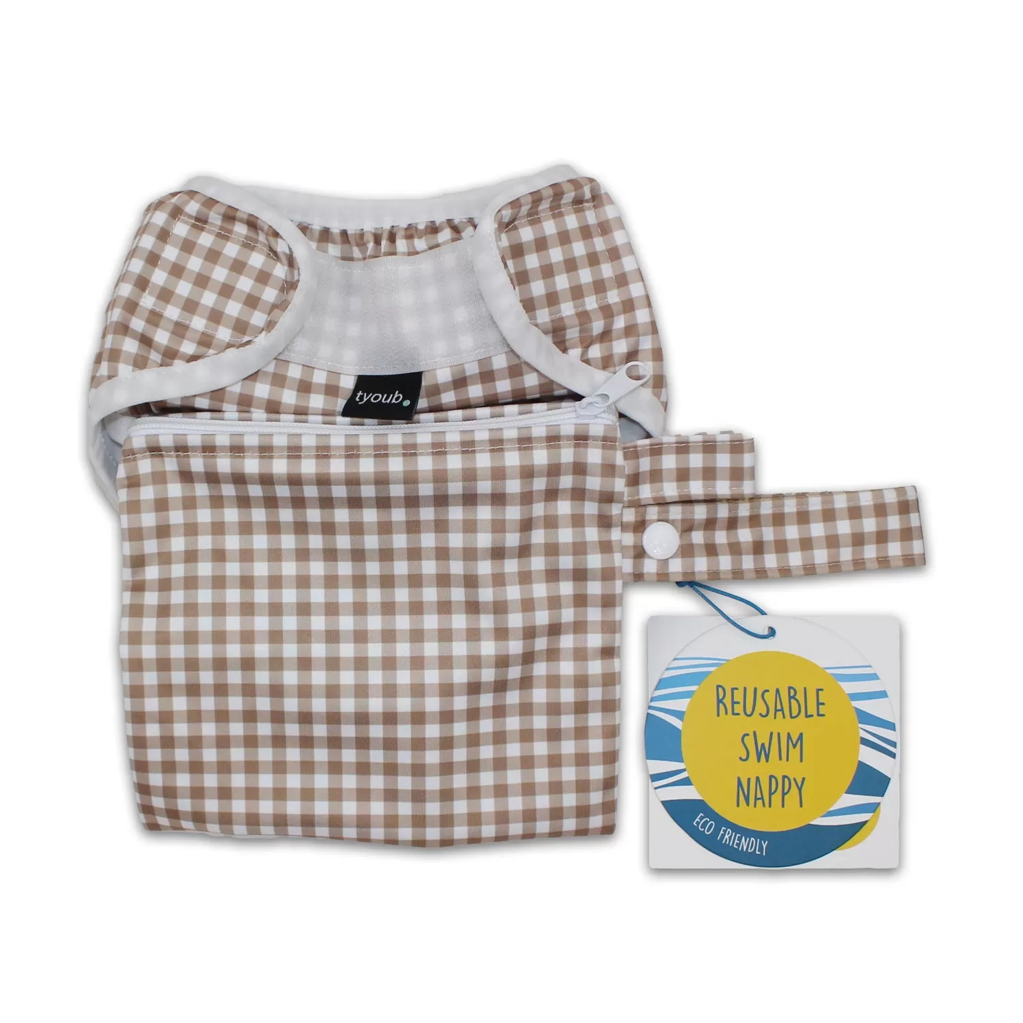 On The Go - Gift Set, Reusable Swim Nappy, Wet Bag and Baby Bib - Fawn Check