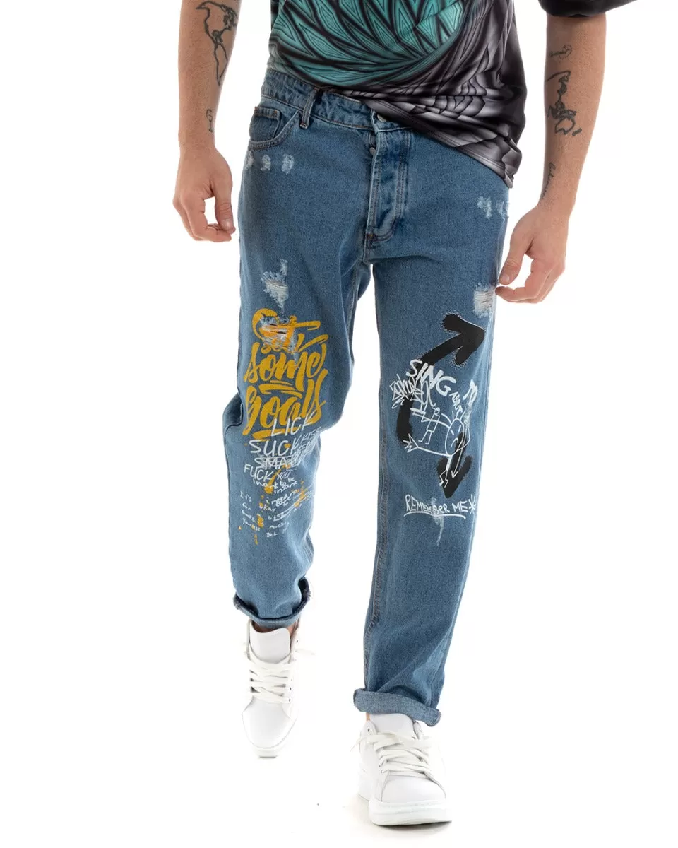 Pantaloni Jeans Uomo Loose Fit Denim Stampa Cinque Tasche Casual GIOSAL-P5769A