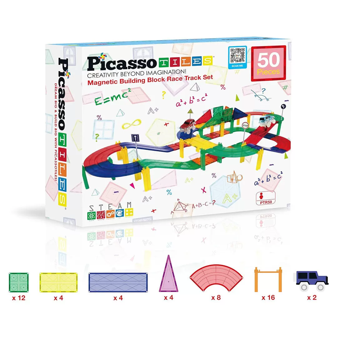 PicassoTiles 50pc Race Car Track Magnetic Building Blocks Children's Play Set