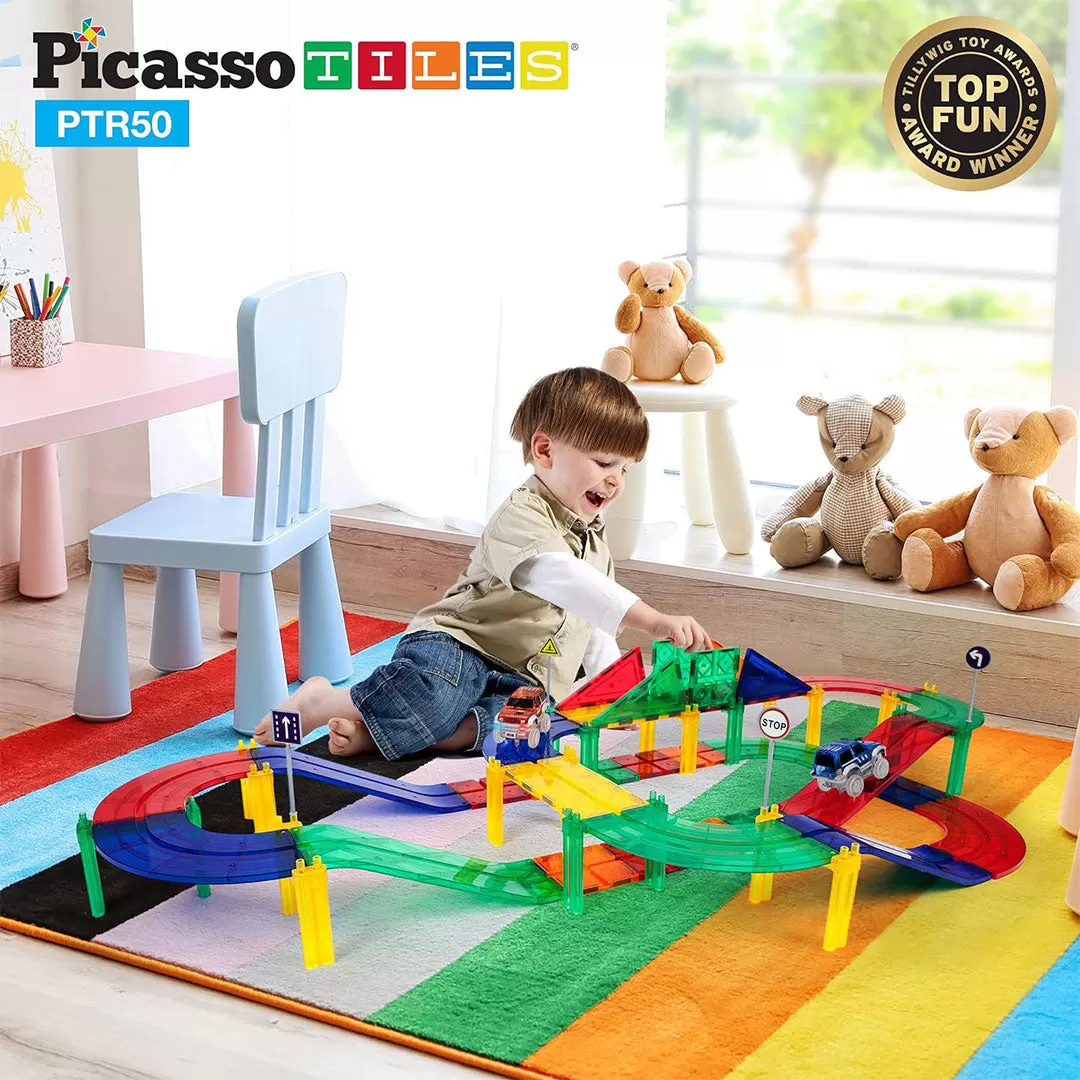 PicassoTiles 50pc Race Car Track Magnetic Building Blocks Children's Play Set