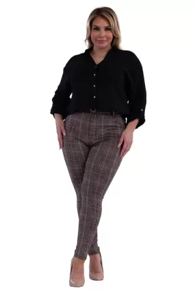 Plus Size Sculpting Treggings With Faux Leather Belt - Khaki & Black Plaid