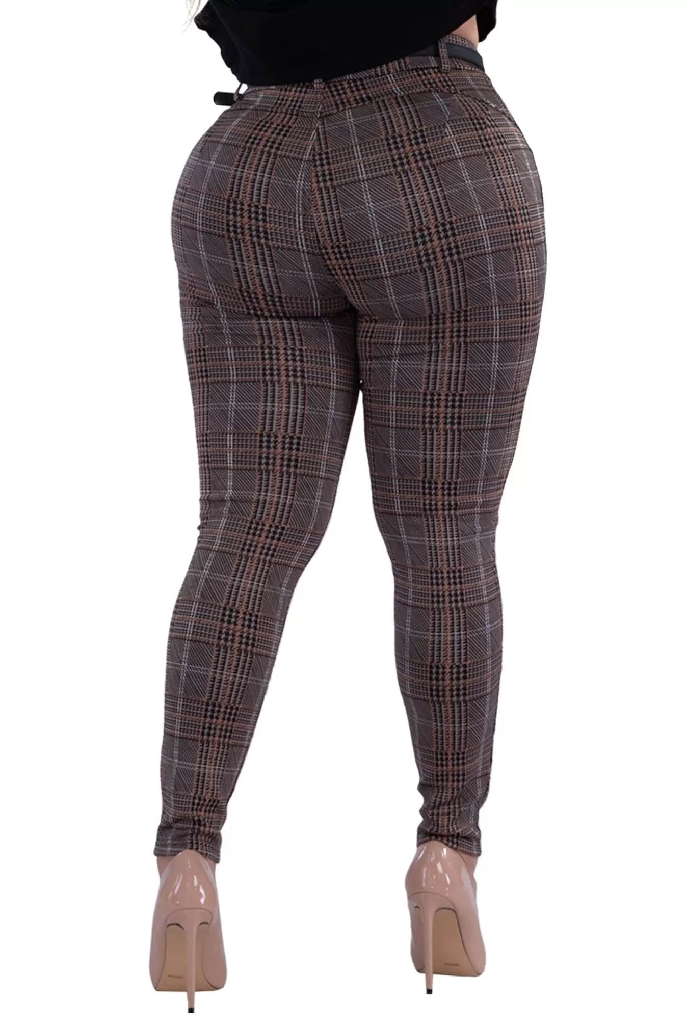 Plus Size Sculpting Treggings With Faux Leather Belt - Khaki & Black Plaid