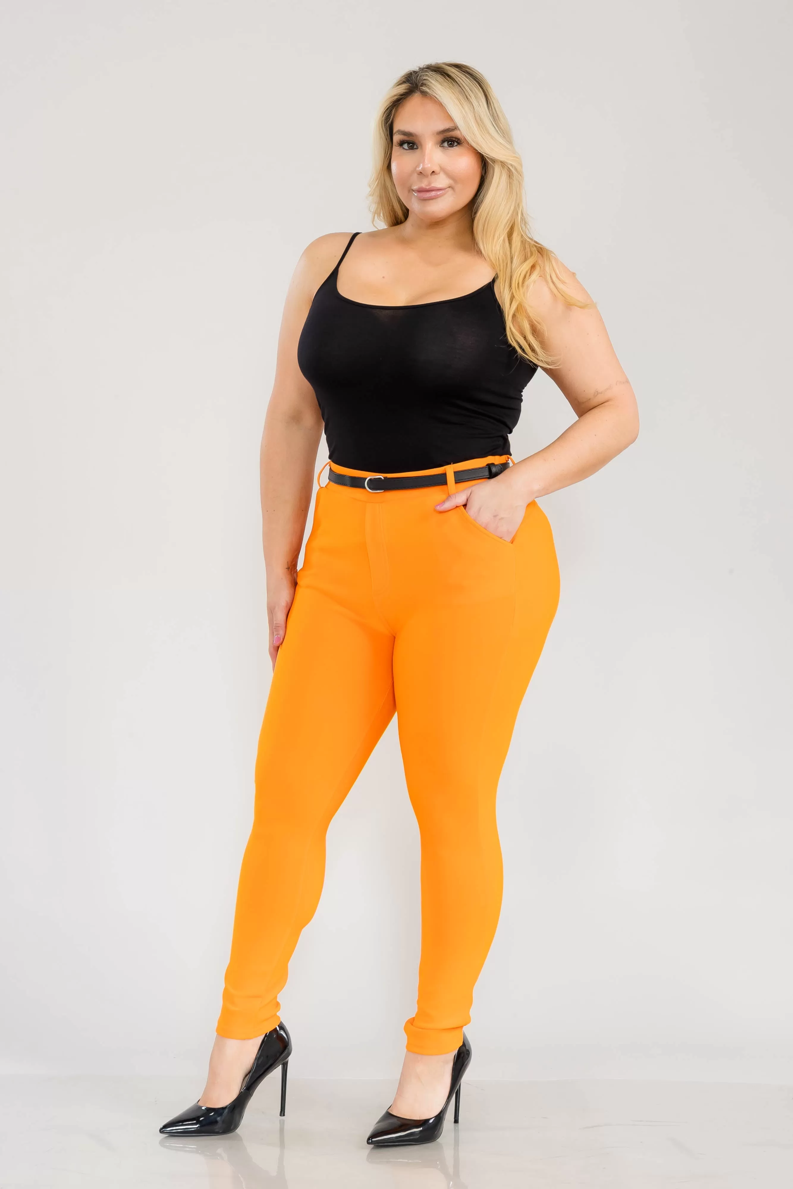 Plus Size Sculpting Treggings With Faux Leather Belt - Orange